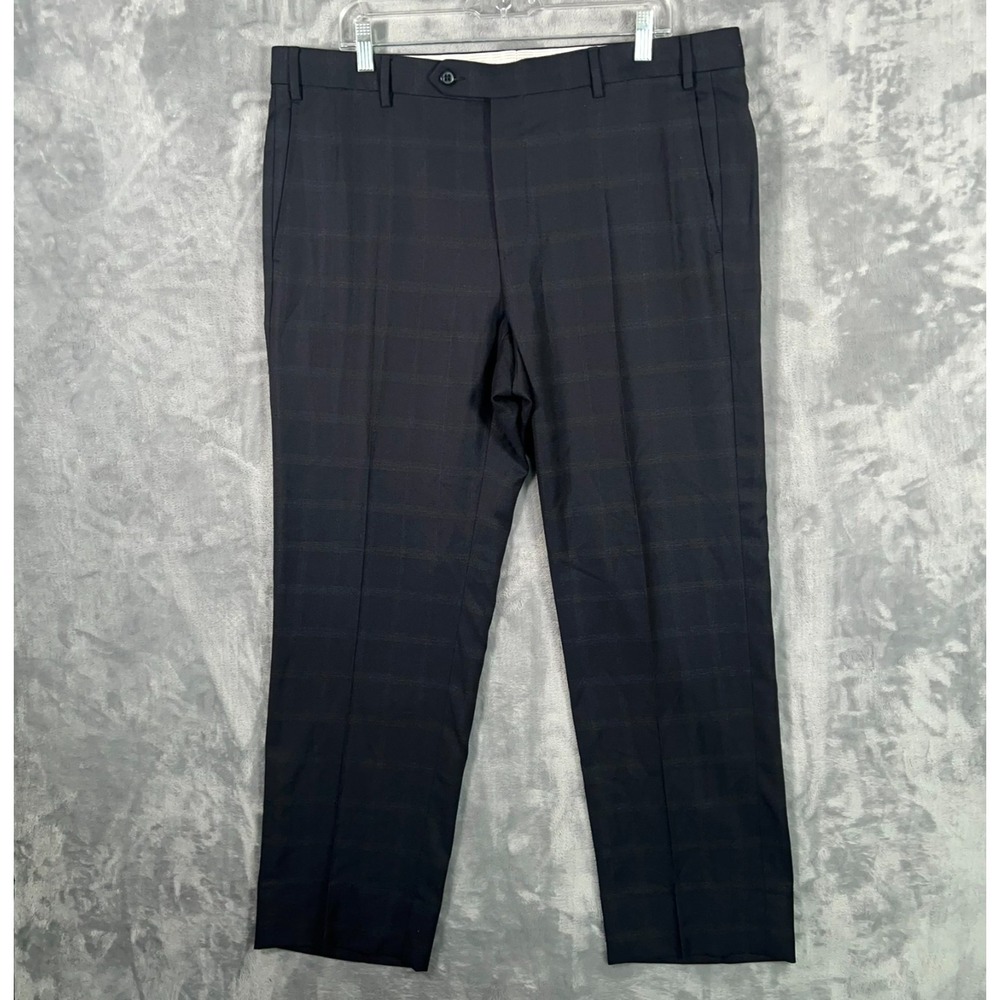 Zanella‎ Dress Pants Mens 38x30 Navy Blue Windowpane Check Wool Suit Italy